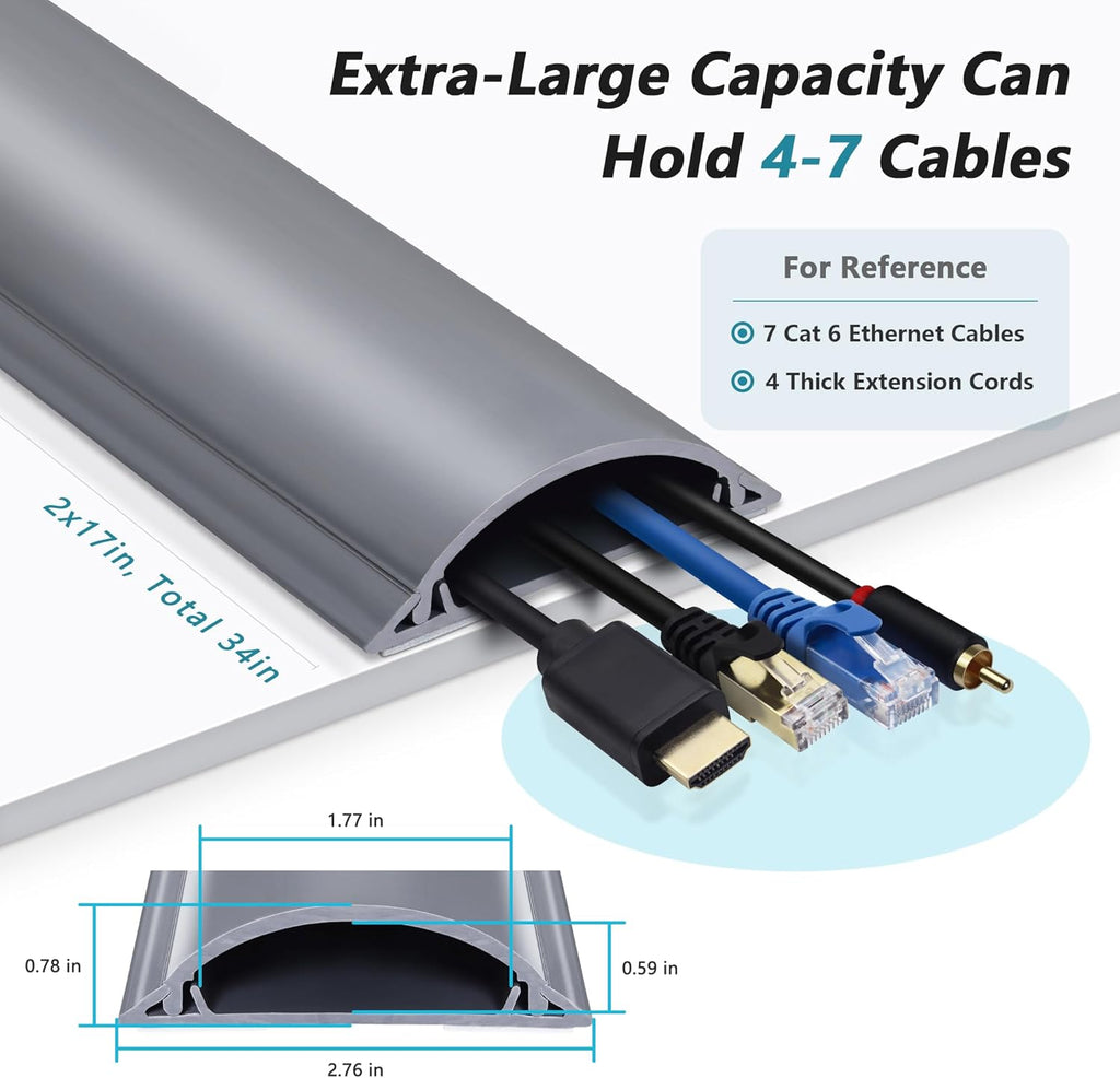 Cord Cover Floor 34in (2 x L17in), Large Capacity Floor Cable Cover, Hard PVC Cord Hider, Wire Cable Management Raceway, Grey, Cord Cavity - 1.8"(W) x 0.6"(H)