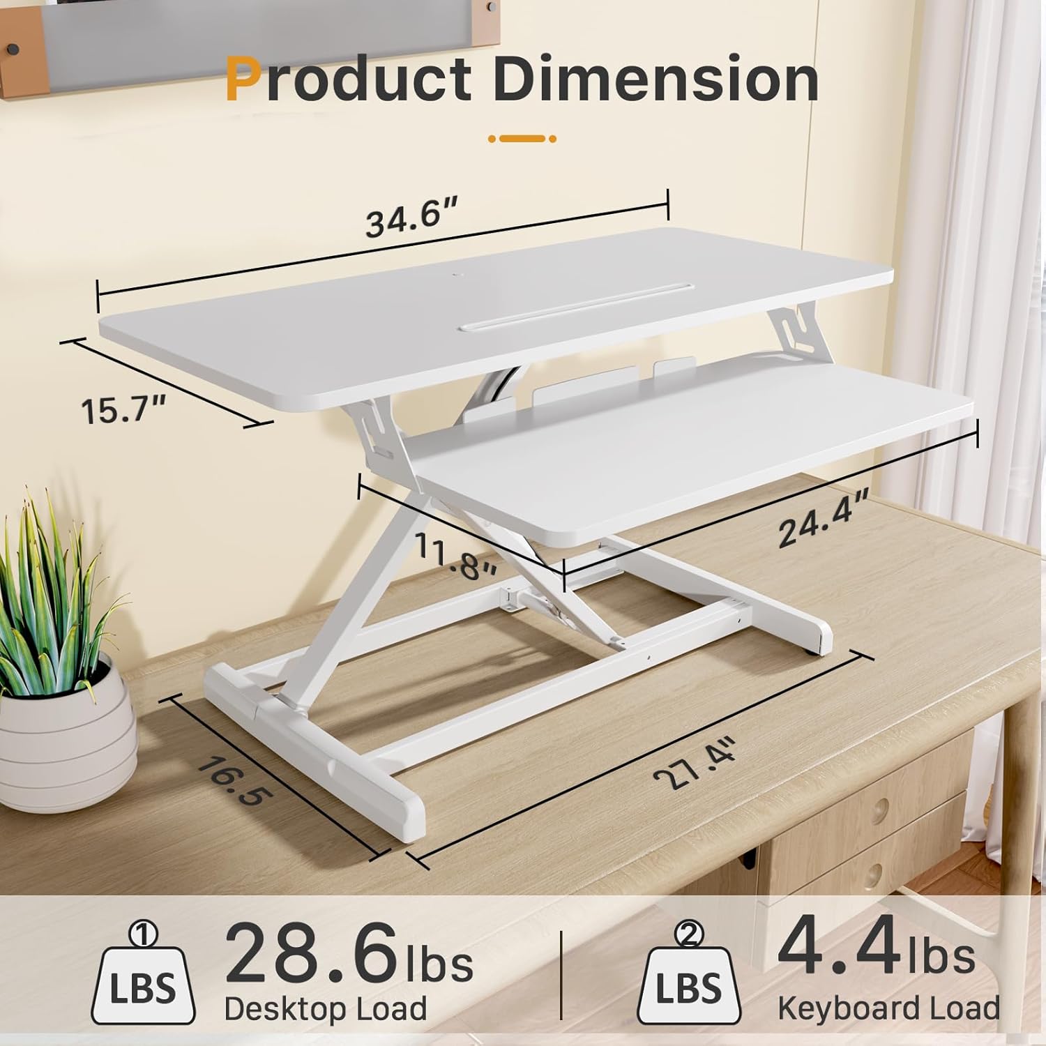 JOY worker Standing Desk Converter, 35" Wide Height Adjustable Sit Stand Up Desk Riser with Keyboard Tray, Desktop Workstation Riser for Home Office Computer Laptop, Particle Board, White