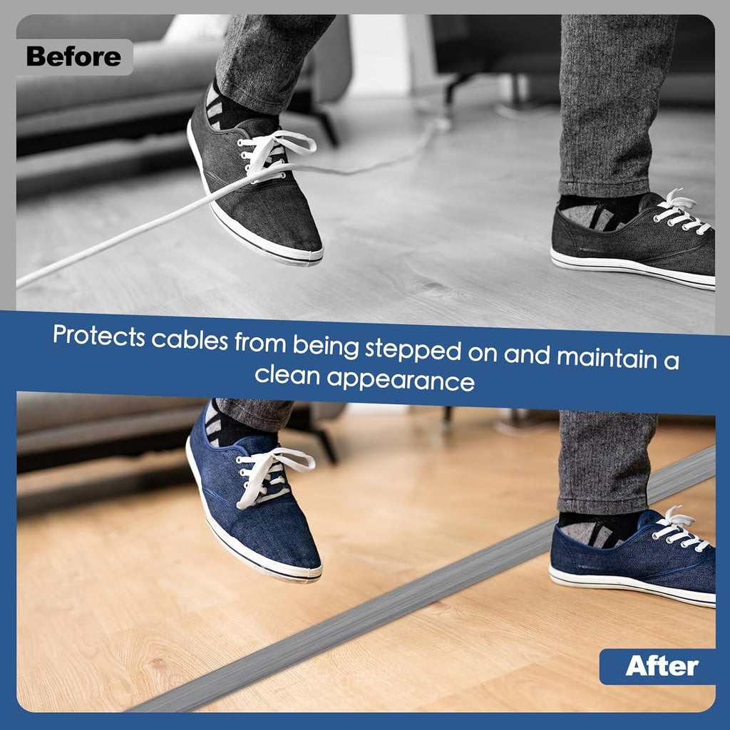 Floor Cord Cover for Wires on Floor Self Adhesive Cord Hider Floor Cable Management Wire Covers for Cords Protector Prevent Cable Trips Cord Cavity W 0.59" x H 0.31", Gray Wood, 20Ft