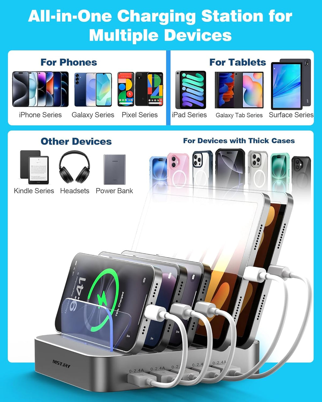 MSTJRY Charging Station for Multiple Devices : 5 Port Multi USB-A Charger Stations Multi-Device Organizer Charging Dock Designed for iPhone iPad Cell Phone Tablets (7 Short Cables Included), Silver