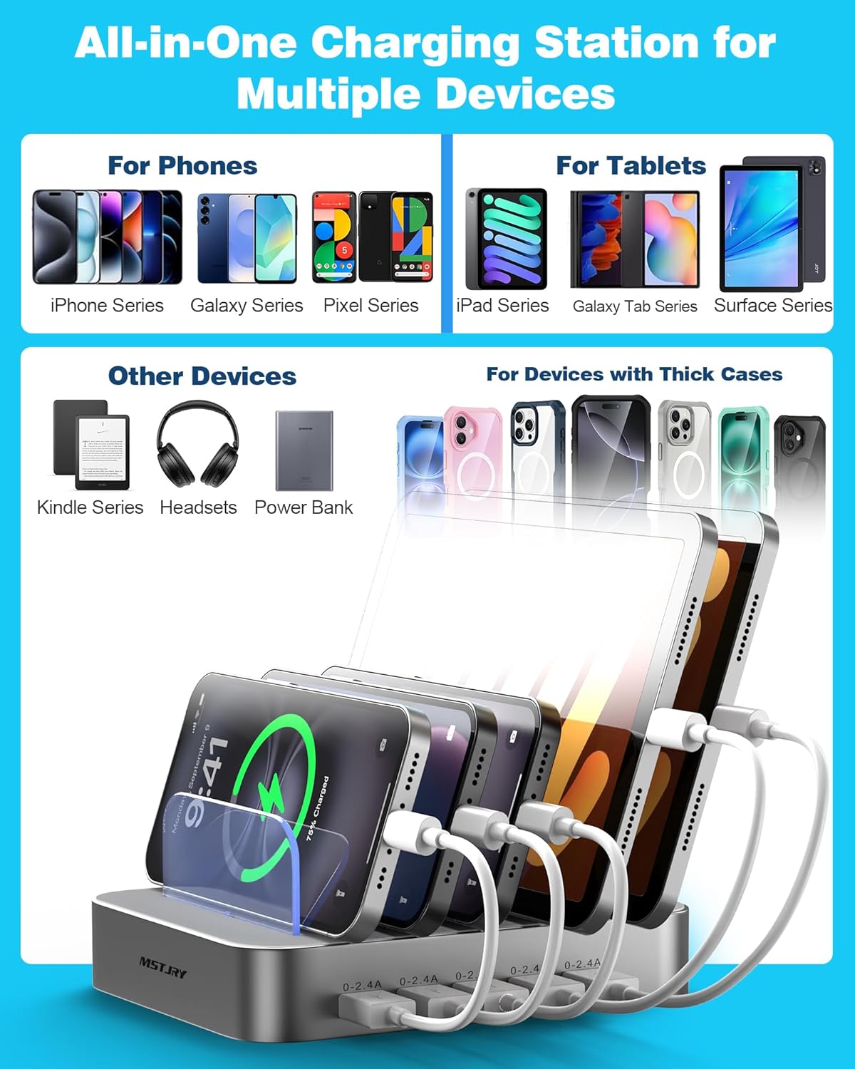 MSTJRY Charging Station for Multiple Devices : 5 Port Multi USB-A Charger Stations Multi-Device Organizer Charging Dock Designed for iPhone iPad Cell Phone Tablets (7 Short Cables Included), Silver