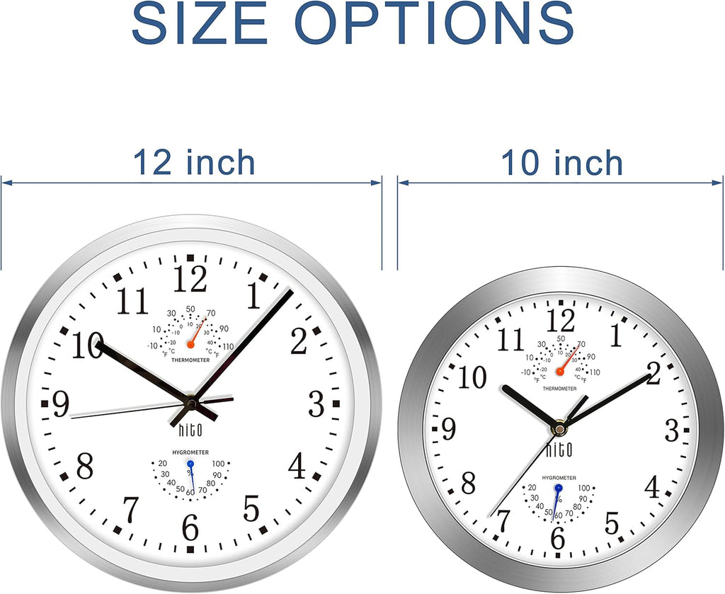 HITO 12 Inch Silent Wall Clock Battery Operated Non Ticking Glass Cover Silver Aluminum Frame, for Living Room Decor, Kitchen, Bedroom, Home Office (12" White)