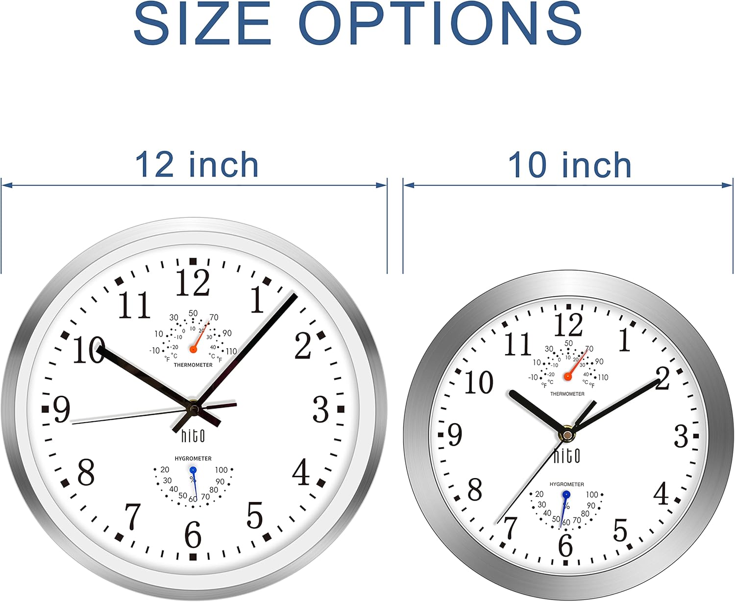 HITO 12 Inch Silent Wall Clock Battery Operated Non Ticking Glass Cover Silver Aluminum Frame, for Living Room Decor, Kitchen, Bedroom, Home Office (12" White)