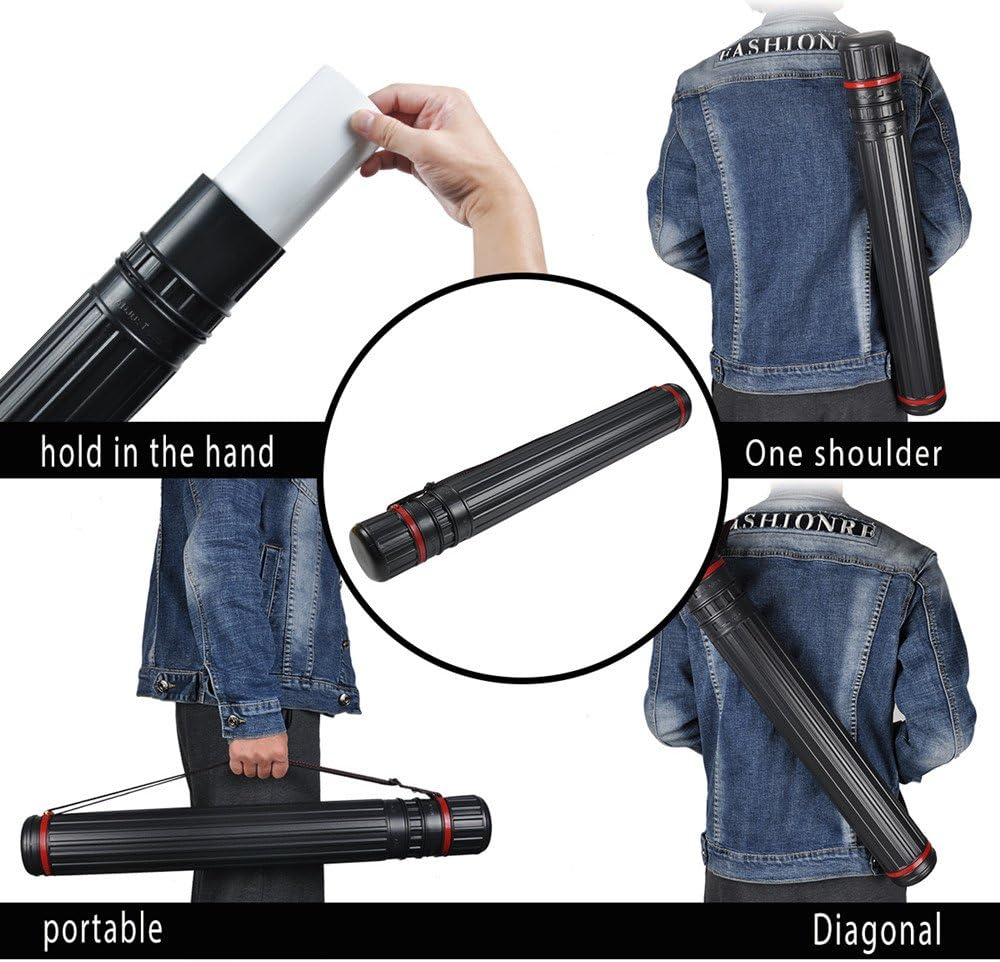 DEWEL Drawing Tube Blueprint Case Telescoping Art Tube Large Plastic Black Storage Tube Expands from 25 to 40 Inches Plastic Waterproof and Light Resistant Poster Tube with Strap