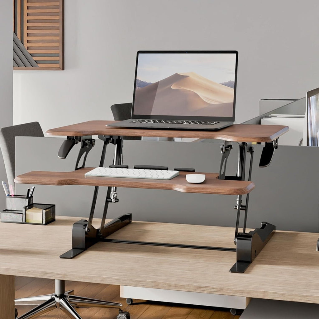Mount-It! Height Adjustable Standing Desk Converter, Compact 30” Wide Tabletop Standing Desk Riser with Gas Spring, Desktop Stand Up Workstation with Keyboard Tray Fits Monitor or Laptop, Dark Walnut