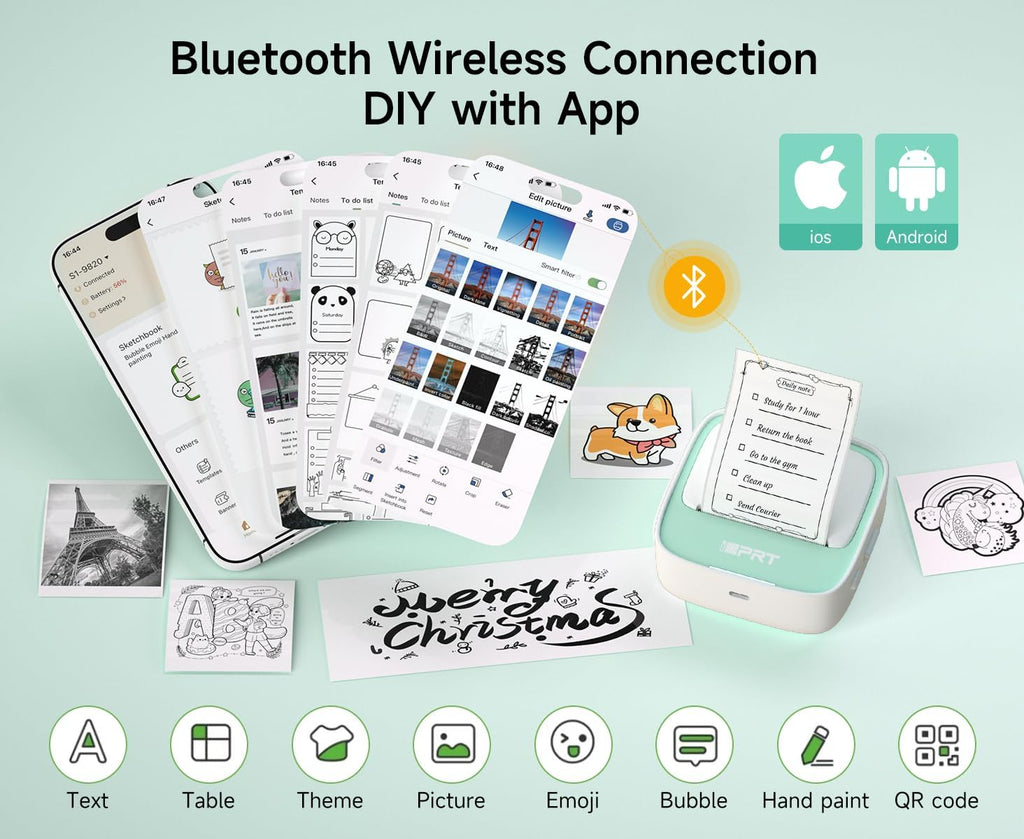 iDPRT Portable Sticker Maker Machine with 1 Roll Sticker Paper, Mini Printer Efficiently and Quickly, Thermal Printer for Study Notes, Pictures, DIY, Label, Free App with Multiple Templates, Green