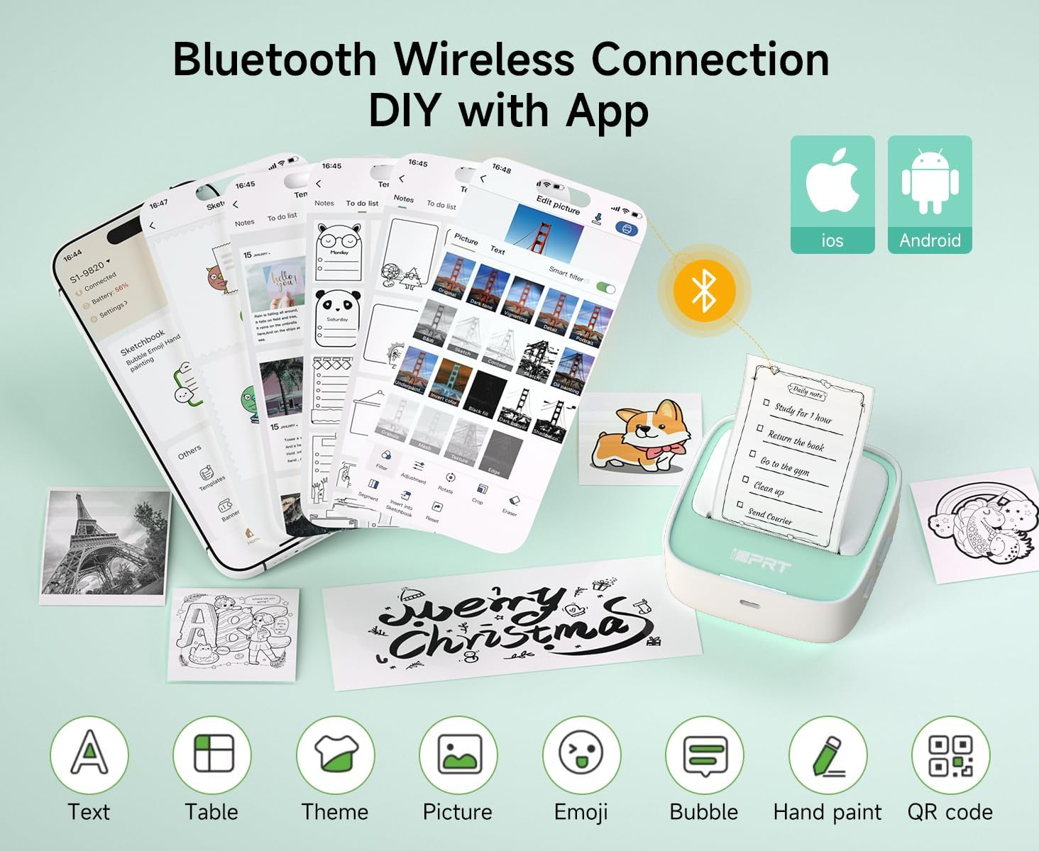 iDPRT Portable Sticker Maker Machine with 1 Roll Sticker Paper, Mini Printer Efficiently and Quickly, Thermal Printer for Study Notes, Pictures, DIY, Label, Free App with Multiple Templates, Green