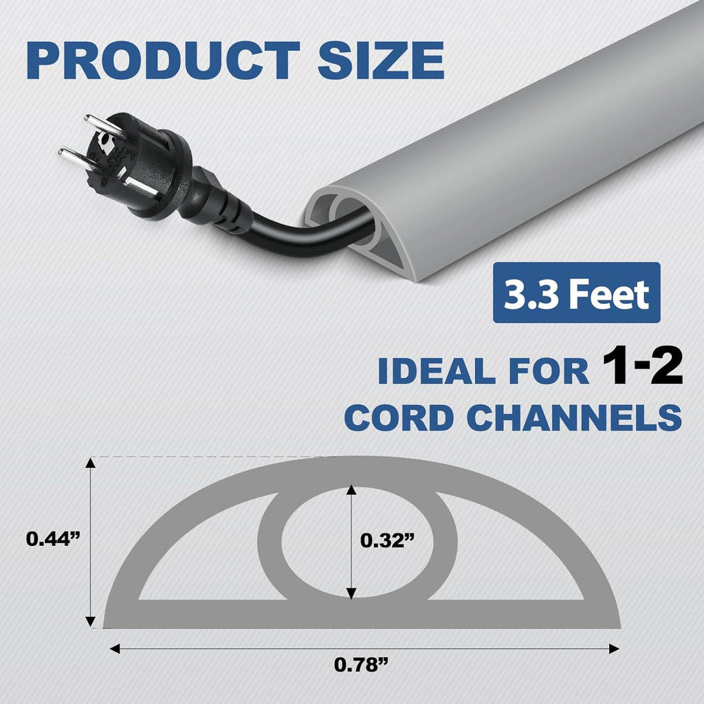 Floor Cord Cover for Wires on Floor Self Adhesive Cord Hider Floor Cable Management Wire Covers for Cords Protector Prevent Cable Trips Cord Cavity W 0.32" x H 0.32", Gray, 3.3Ft