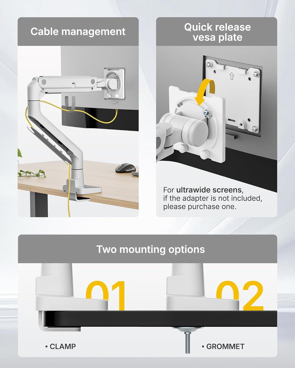monTEK Single Monitor Arm with USB A/C, Ultrawide Monitor Stand for 17 to 57 Inch Curved Screen, Holds 59.4 lbs, Adjustable Gas Spring Arm, 75/100 VESA Mount, Clamp & Grommet Desk Mount, White