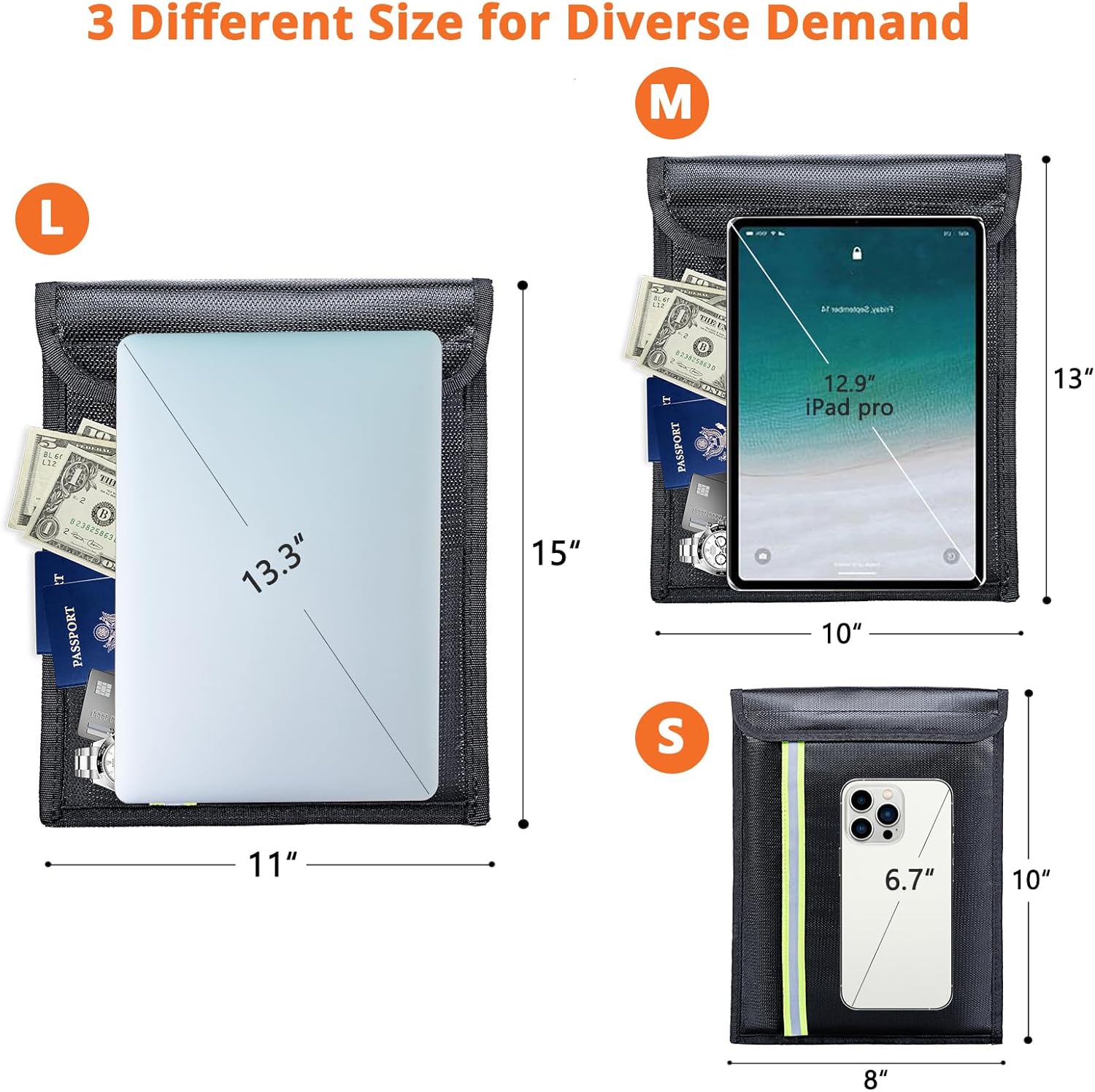 Fireproof Document Bag 3 Pack (15"x11", 13"x10", 10"x8") – Fireproof & Waterproof Money Bags with Zipper & Reflective Strip | Document Holder for Cash, Passports, Birth & Marriage Certificates