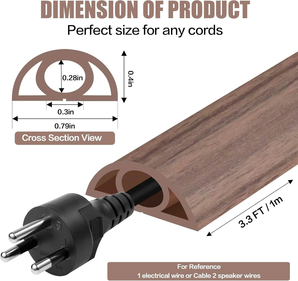 Floor Cord Cover Self Adhesive Cord Hider,3.3FT Cable Management, Extension Strip Protector for Wires, Prevent Cable Trips for Offices, Gyms, Exhibitions Cavity:0.3"(W) x 0.28"(H) Wood Walnut