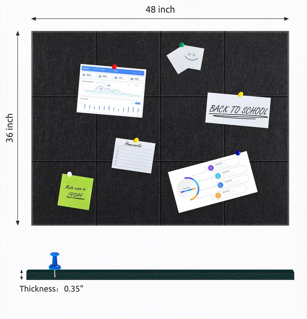 Cork Board for Wall,48"x36" 12 Pack Felt Wall Tiles with Safe Removable Adhesive Tabs, Bulletin Boards for Home Office Kitchen, Pin Board Notice Board for Photos, Memos, Black