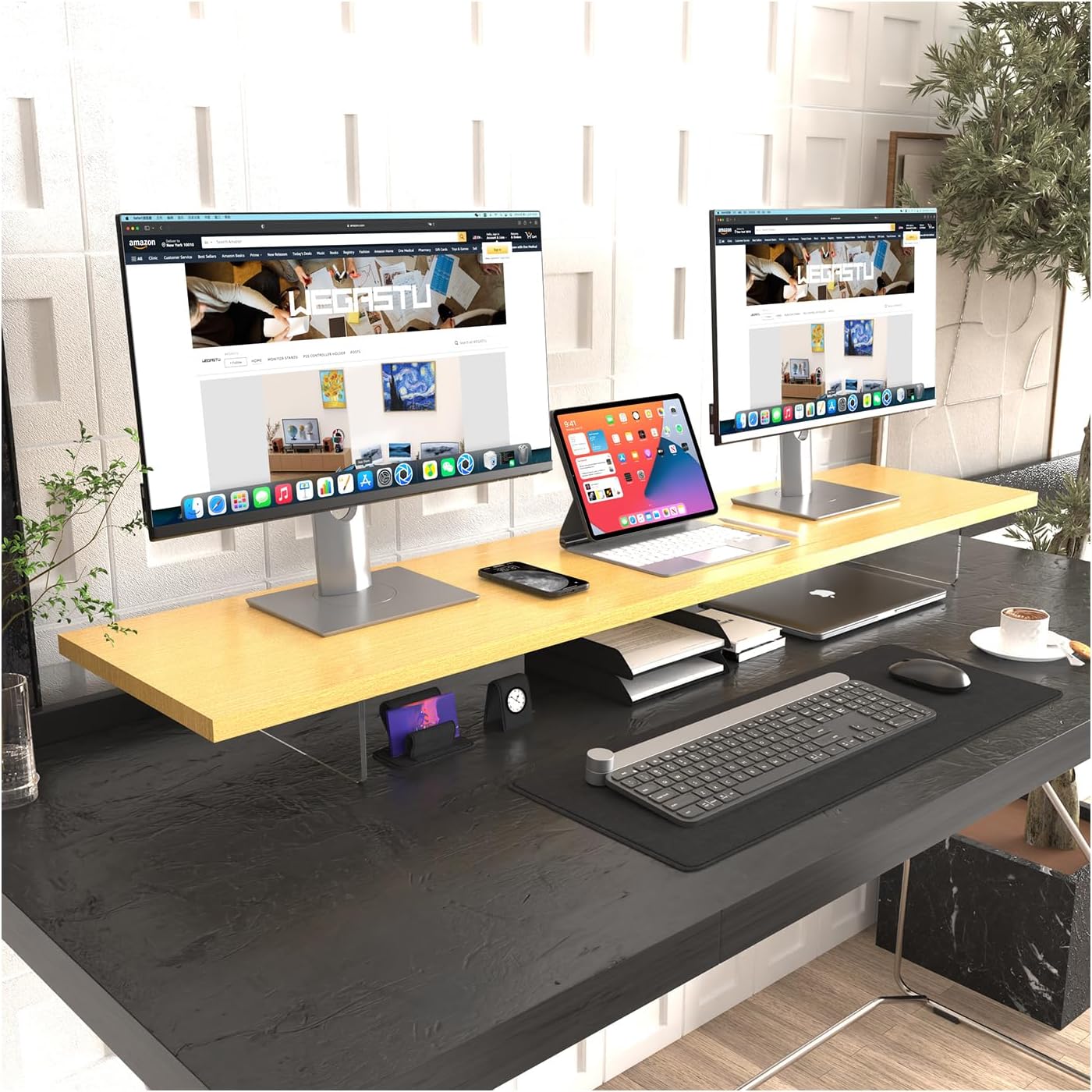 Crystal Clear Acrylic Monitor Stand,Leg levitating design Height Adjustable,Dual Monitor Riser Shelf Organizer for Desk、Home Office、Printer、TV Screen、Keyboard Storage (Nature)