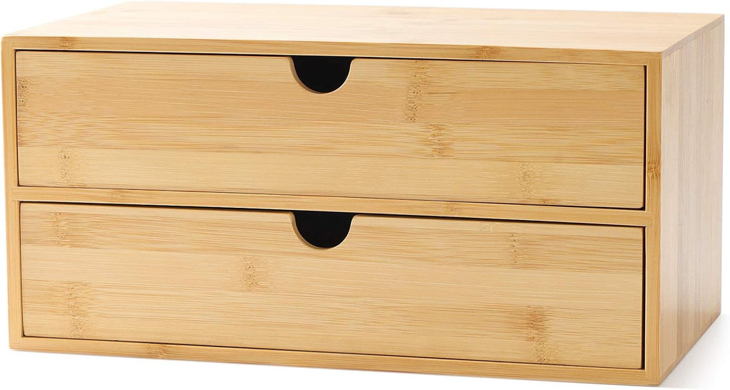 Bamboo Desk Drawer Organizer, 2 Drawer Desktop Organizer with Drawers Tabletop Storage Organization Box for Office Home Toiletries Supplies Vanity, No Assembly Required