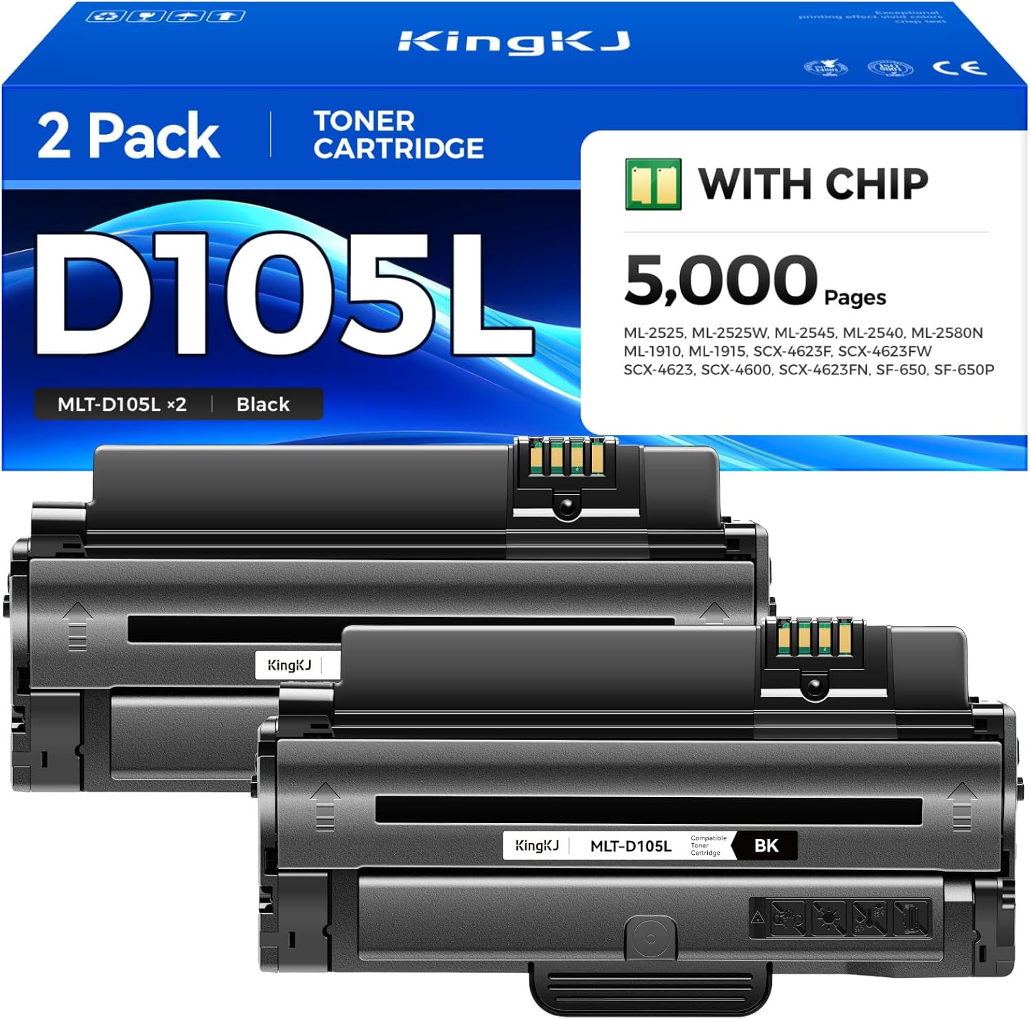 MLT-D105L Toner Cartridge Black 2-Pack High-Yield Replacement for Samsung MLT-D105L D105L Compatible with Samsung ML-2525 ML-2540 ML-2580N ML-1910 ML-1915 SCX-4623F SCX-4623FN SCX-4600 SF-650 Printers