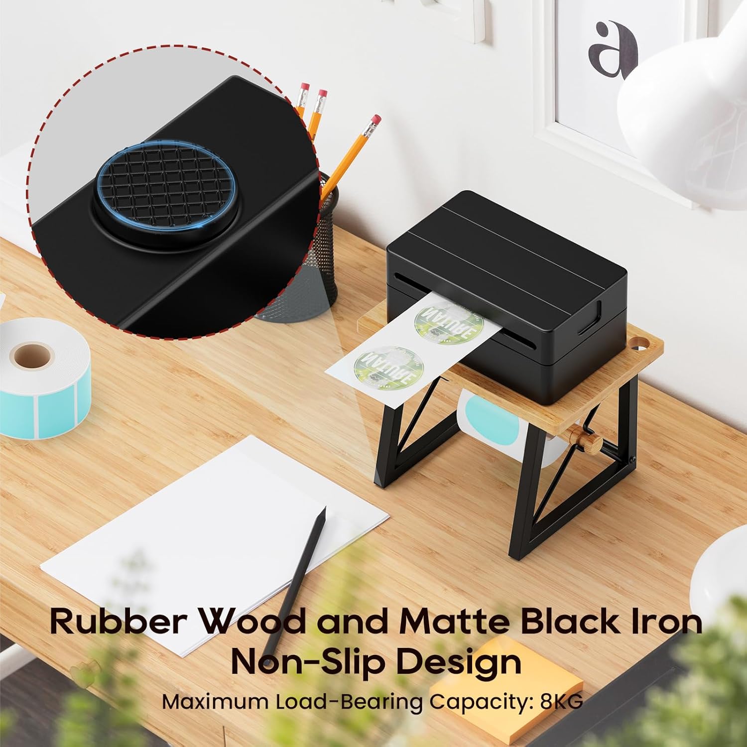 Label Holder for Rolls and Fan-fold Labels, Wooden Label Stand for Shipping Label Printer, Sticker Roll Holder Thermal Printer Accessory for Home, Office