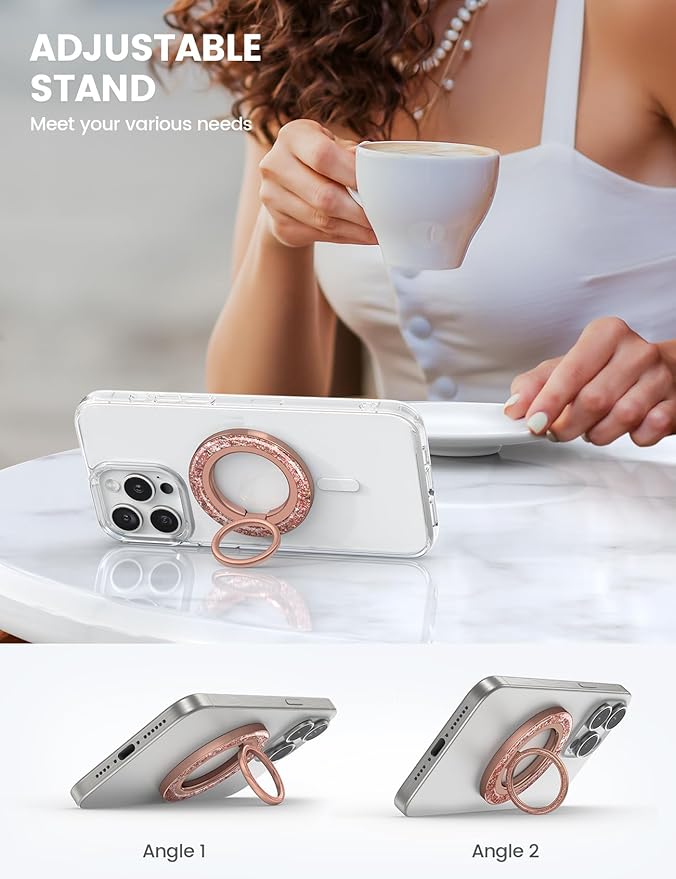 Lamicall Magnetic Twinkle Ring for MagSafe Grip - Stylish Glitter for Mother, Magnet Phone Ring Finger Holder Stand, Upgrade Gear Hinge Mag Safe Accessories for iPhone 16 15 Pro Max, Rose Gold