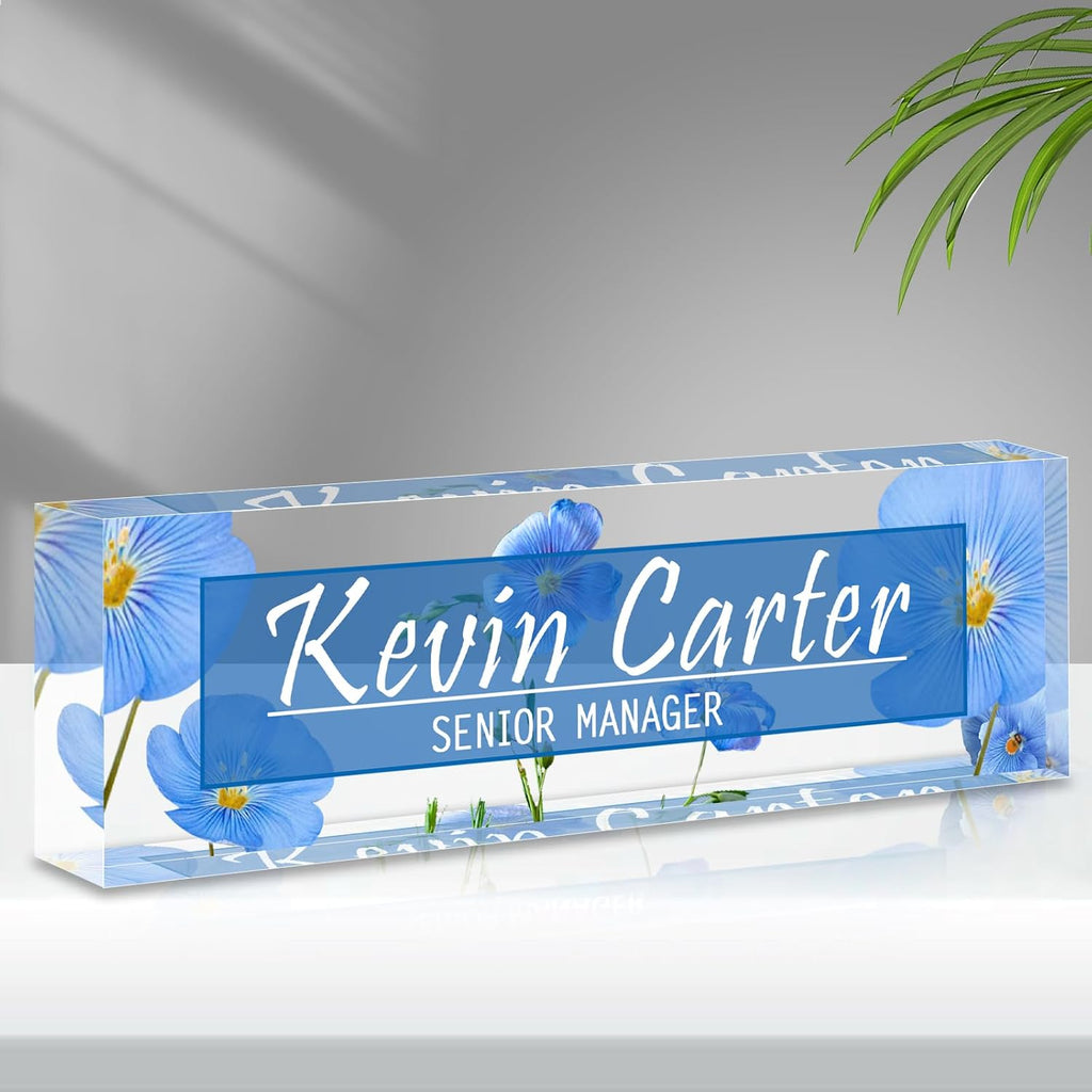 Name Plate for Desk Personalized, Acrylic Desk Decorations, Employee Appreciation Gifts, Custom Office Gifts for Coworkers, Boss, Teacher, Nurse (Blue Flowers)