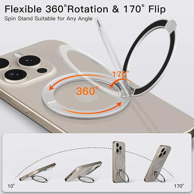 COOLQO Upgraded Magnetic Phone Ring Holder Stand, Super Magnet Cell Phone Grip Finger Kickstand Compatible with MagSafe Mag Safe Accessory for iPhone All Smartphones (1-Glitter Silver)