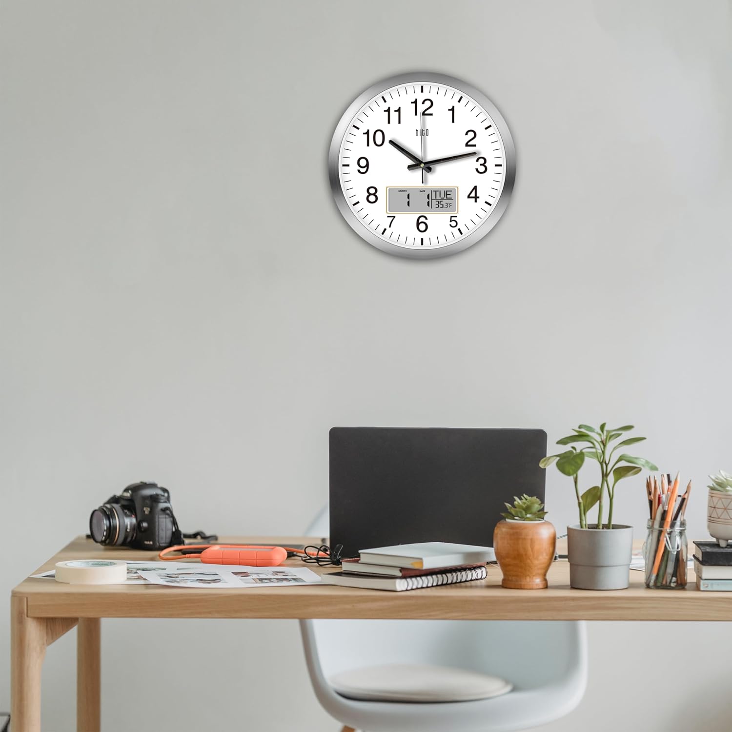 HITO 14 Inch Silent Wall Clock Battery Operated with Temperature and Date, Large Wall Clock for Living Room Decor, Office, Classroom, Bedroom