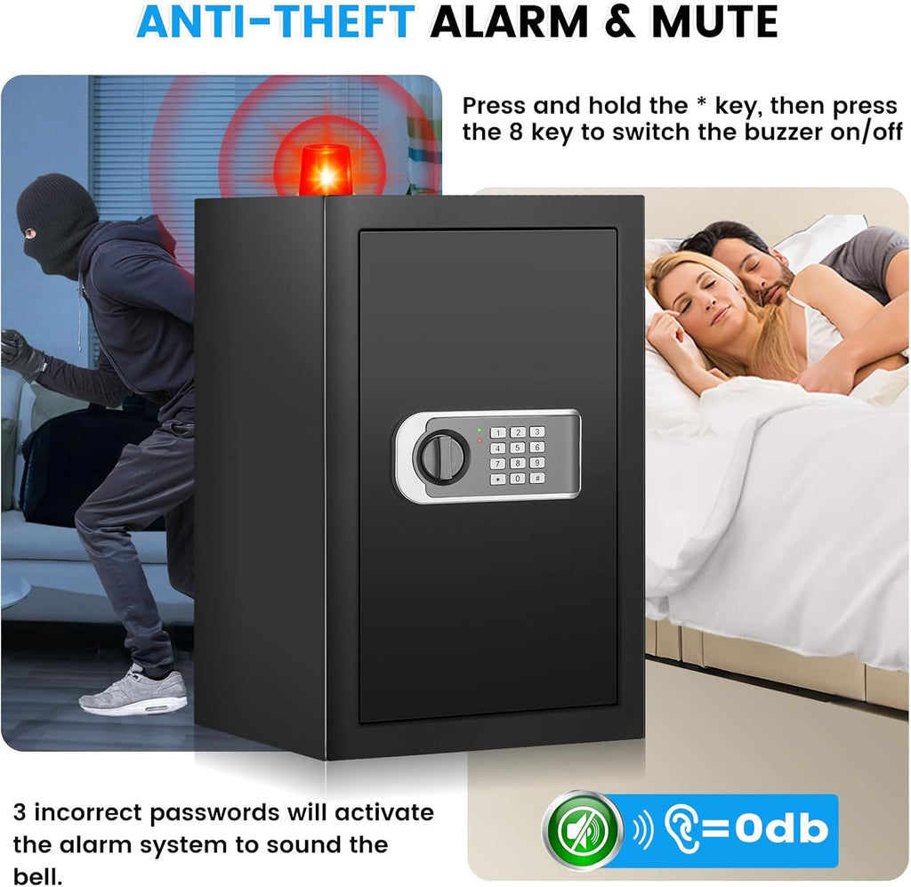2.6 Cuft Safe Box, Steel Home Security Safe with Fireproof Waterproof Money Bag, Anti-Theft Safes for Home with Programmable Keypad Keys, Digital Safety Box for Documents Valuables Jewelry