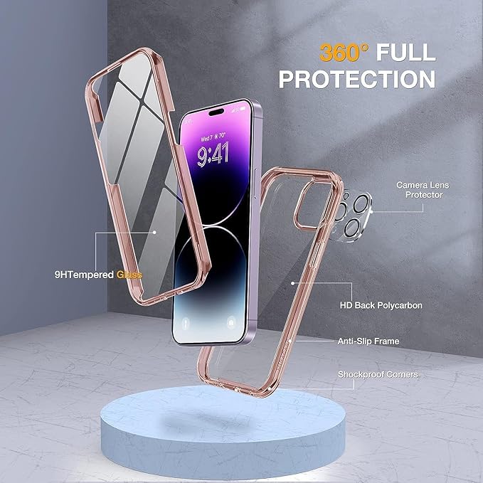 Miracase Glass Series Designed for iPhone 14 Pro Case 6.1 Inch, Upgrade Full-Body Bumper Case with Built-in 9H Tempered Glass Screen Protector, with Camera Lens Protector, Clear Pink