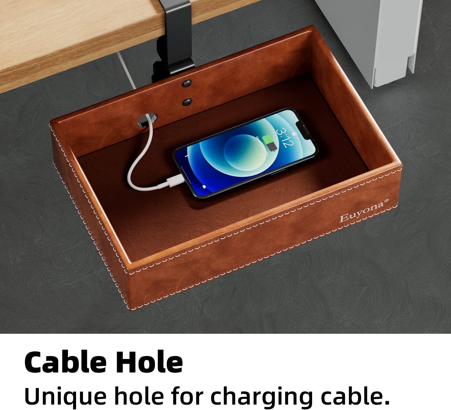 PU Leather Under Desk Drawer Organizer, 360° Rotating Clamp for Stationery, Remote Control, Phone & Pencil Storage, Computer Desk Accessories (Brown)