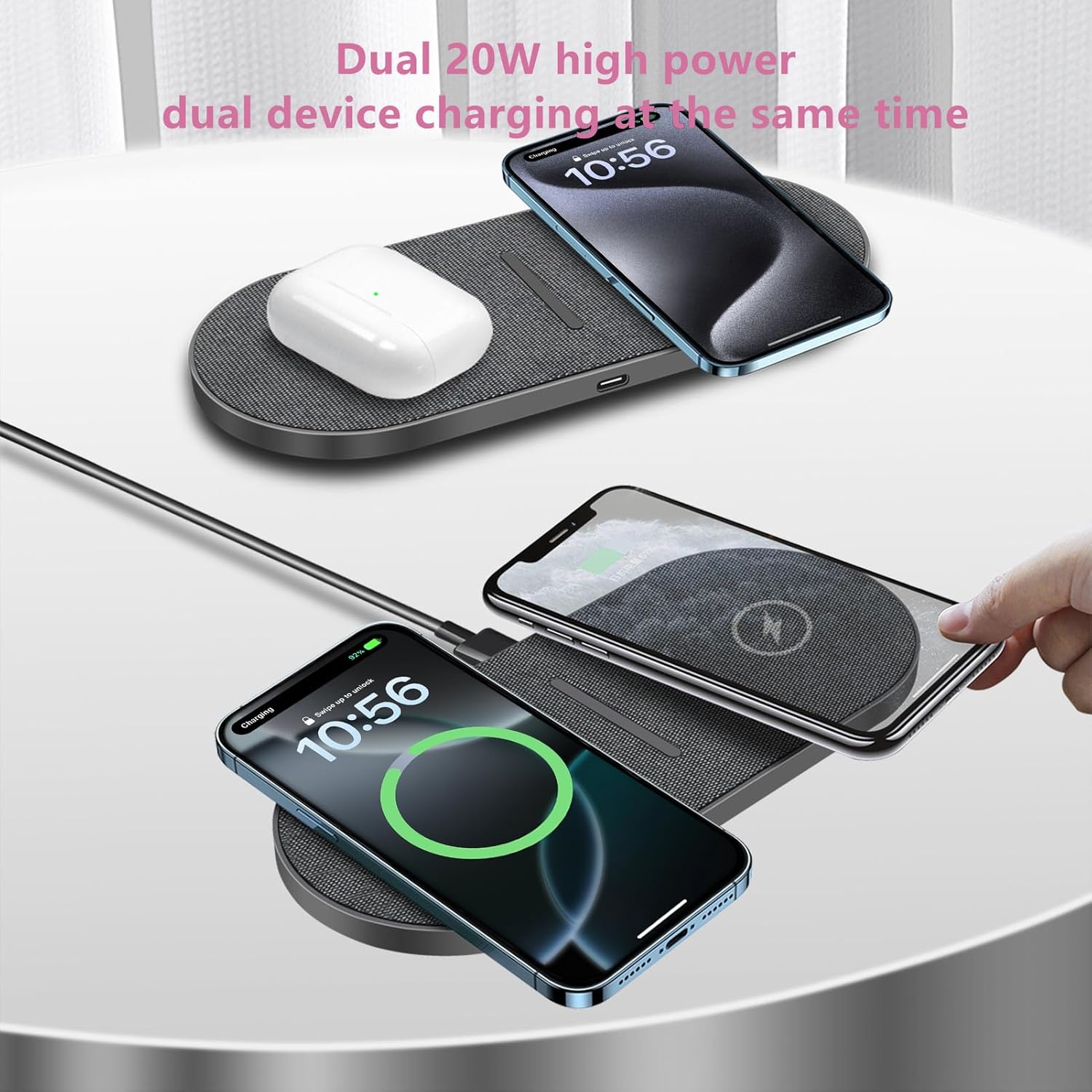 40W Wireless Charging Pad,Dual 20W Charging mat for Apple iPhone 16 15 14 13 12 11 Pro/Max/Mini/Plus/XS/XR,Airpods 4/3/Pro,2 in 1 Wireless Phone Charger for Samsung,Pixel,Xperia(with PD Adapter)