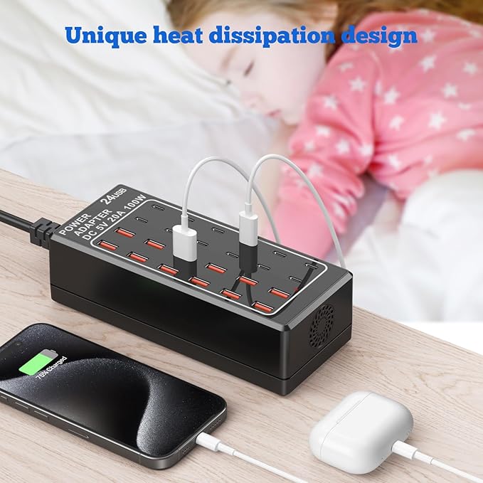 USB C Charging Station, USB Charger Station Block, 24-Port 100W (20A) Charging Block, Charging Station for Multiple Devices USB Wall Charger Power Hub,Compatible Samsung S24/iPhone/Google