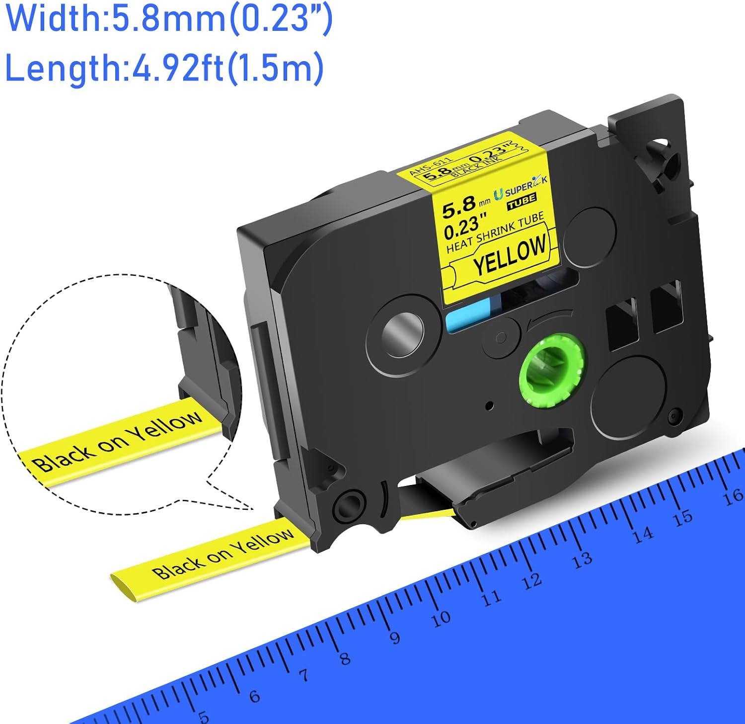 10PK Compatible for Ptouch HSe-611 HSe611 HS-611 HS611 Black on Yellow 5.8mm 0.23'' Heat Shrink Tubing for Wire Cable for PT300 PT-300B PT310 PT310B PT320 Label Maker Tape