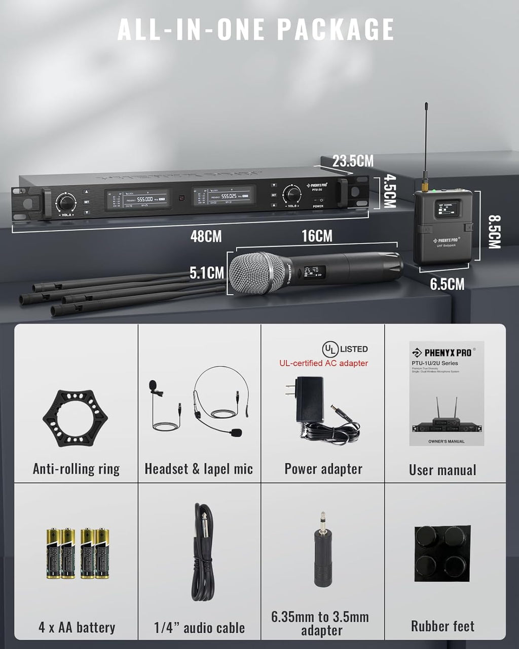 Phenyx Pro Wireless Microphone System, True Diversity Dual Cordless Microphone Set w/UHF Handheld/Bodypack/Headset/Lapel Mics, Auto Scan, 2x1000 Channels for Stage & Studio (PTU-2U-1H1B)