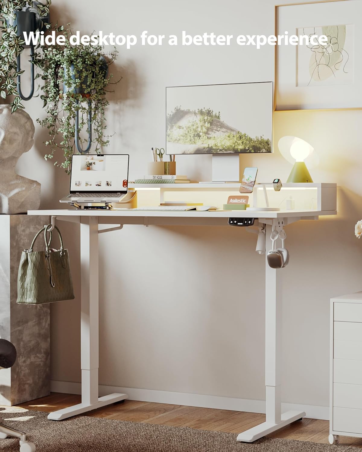 Electric Height Adjustable Standing Desk with Power Outlet and LED Light Strip, Sit to Stand, Ergonomic 48x24 Rising Desk with Memory Presets, Home Office Workstation, Computer Gaming Table, White