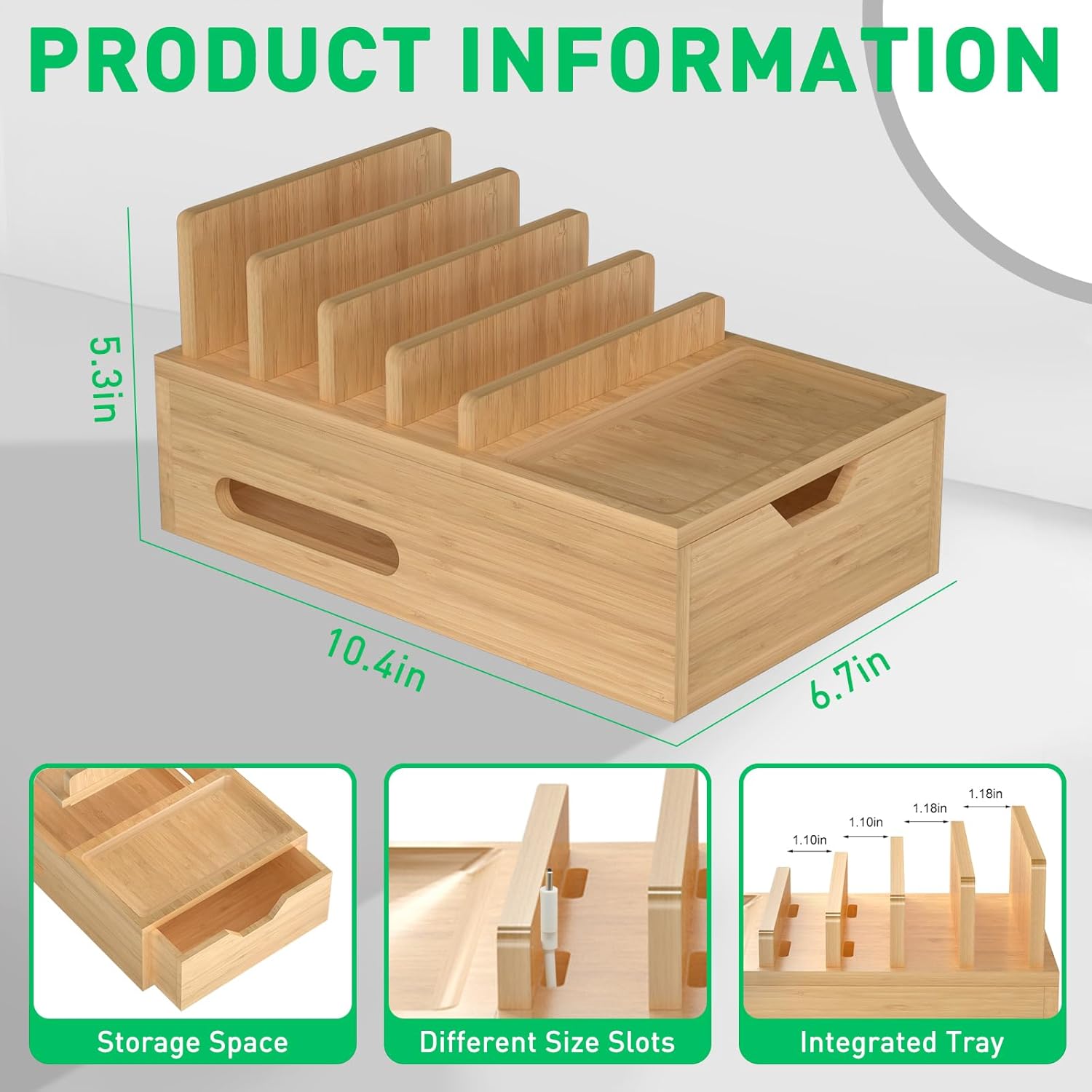 Bamboo Charging Station for Multiple Devices, Desktop Charger Organizer with Tray& Drawer, Wooden Docking Station for Smart Devices, Cell Phone, Tablet,Watch (Include 6 Cables, 5 Port USB Charger)