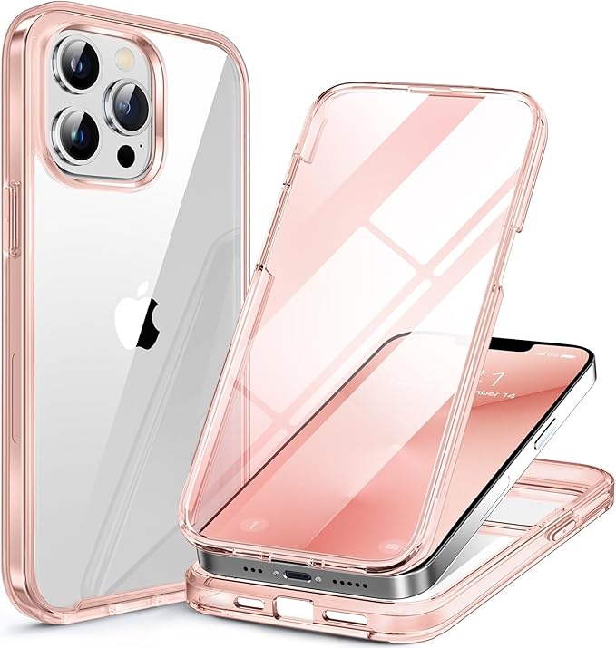 Miracase Glass Case for iPhone 13 Pro Max 6.7 inch, Upgrade Full-Body Clear Bumper Case with Built-in 9H Tempered Glass Screen Protector for iPhone 13 Pro Max, Clear Pink