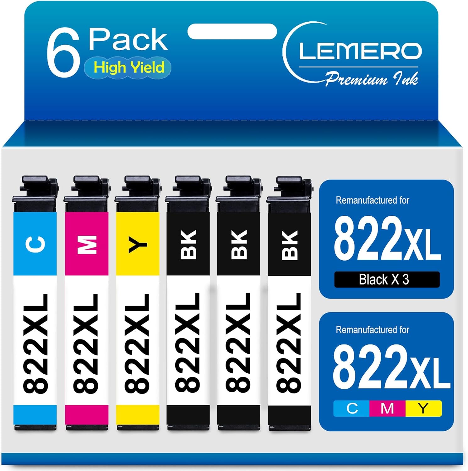 LEMERO 822XL Ink Cartridges Remanufactured for Epson 822XL Ink Cartridges Combo Pack 822 822XL for Workforce Pro WF-3820 WF-3823 WF-4820 WF-4830 WF-4833 Printer (3 Black 1 Cyan 1 Magenta 1 Yellow)