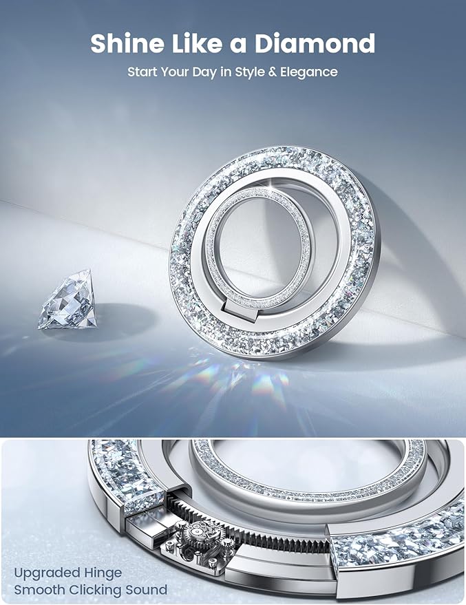 Lamicall Magnetic Phone Ring for MagSafe Grip - 2025 [Super Magnet] Stylish Twinkle Ring Holder Stand with [Upgrade Gear Hinge], Mag Safe Accessory for iPhone 16 15 14 13 Pro Max Plus, Glitter Silver