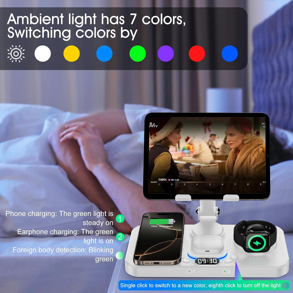 30W Charging Station for Apple Products, Foldable Wireless Charger with Clock Display&7 Color Light, Wired Charging for iPad/Tablet Charging Station for iPhone17, for Apple Watch10 for AirPods4(White