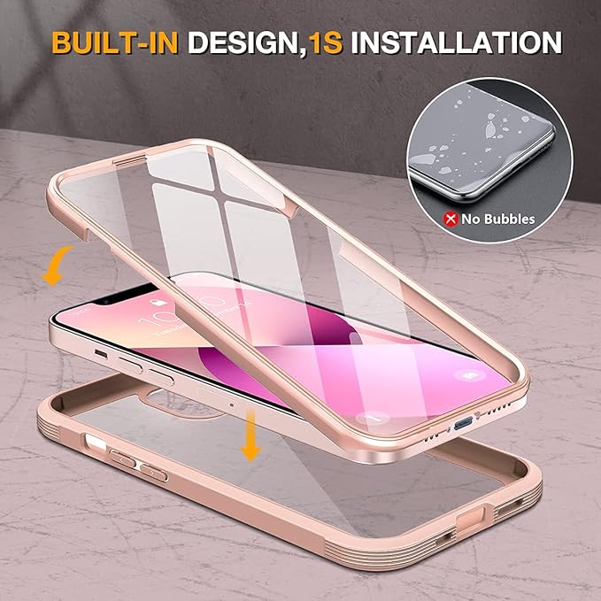 Miracase Compatible with iPhone 13 case 6.1 inch, [Glass Instead Plastic] with Built-in 9H Tempered Glass Screen Protector for iPhone 13,2023 Upgrade Full-Body Glass Clear Case,Crystal Pink