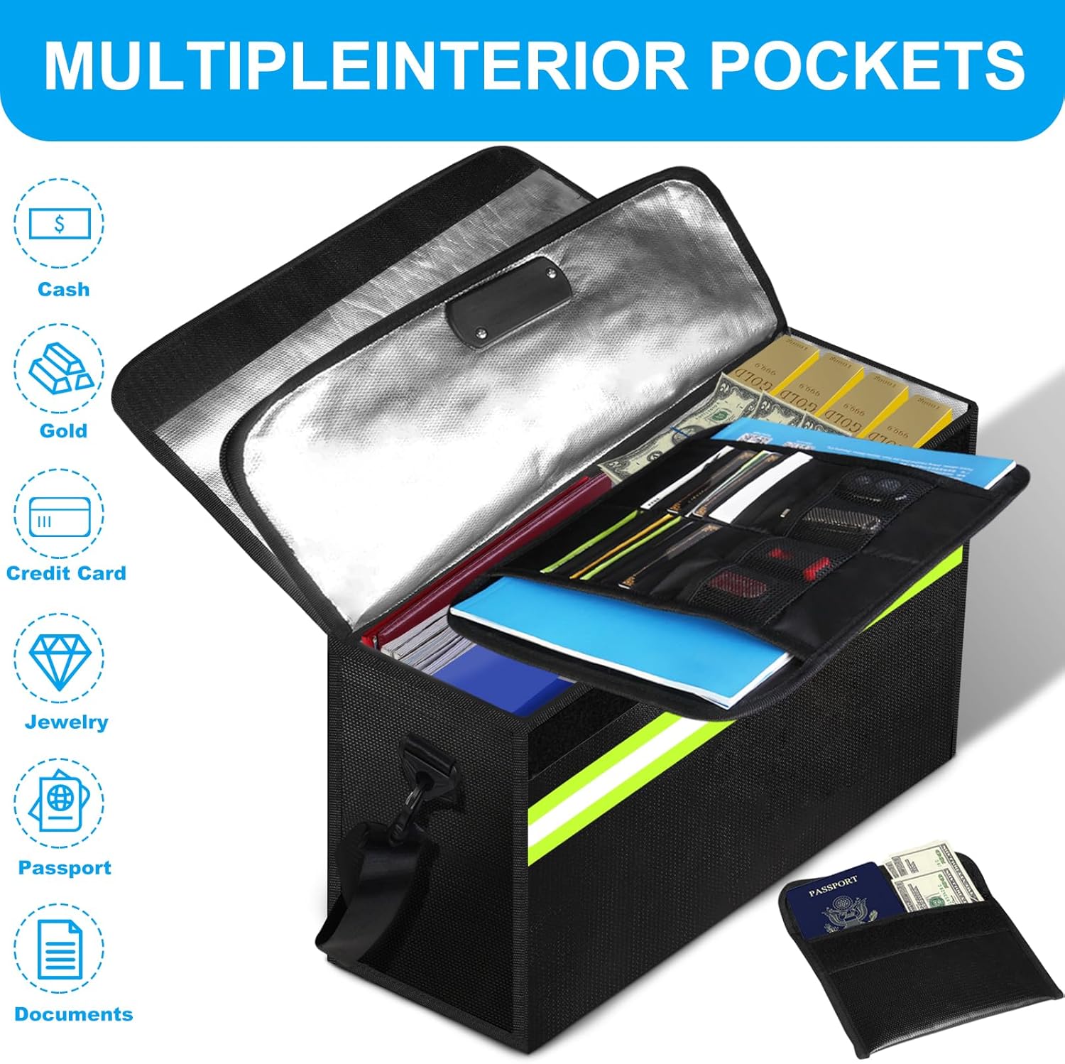 Large Fireproof Money Bags with Lock-6500°F Fireproof Document Box,10 Layers Insulation Materials&Waterproof Zipper,Removable Folder Layers/Wallet,Reflective Strip for Valuables(16.5”x 12.4”x 5.5”)