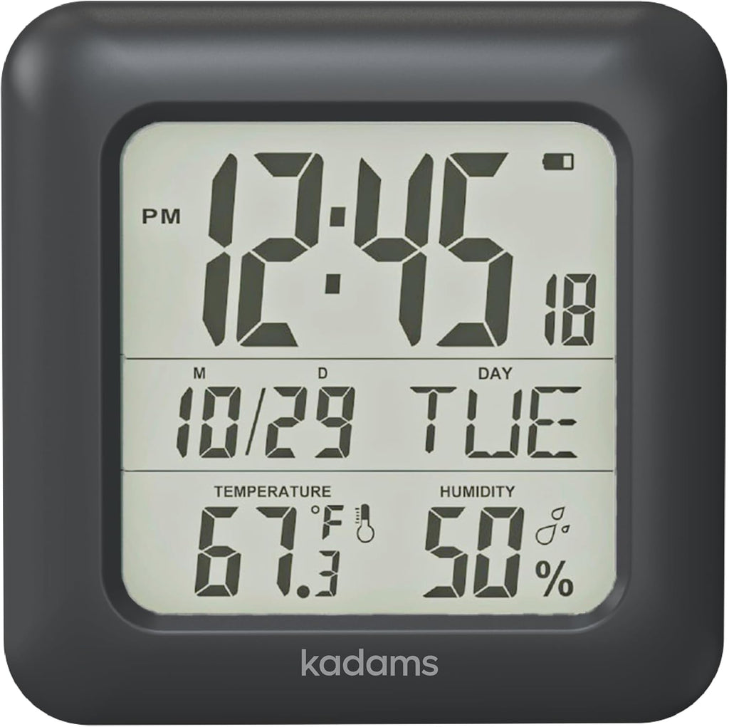 KADAMS Bathroom Clock 9.5" Kitchen Wall Clock with Large LCD Screen – Shower Clock with Suction Cup,Temperature, Humidity, Calendar – Water-Resistant, 4 Mounting Options, Black