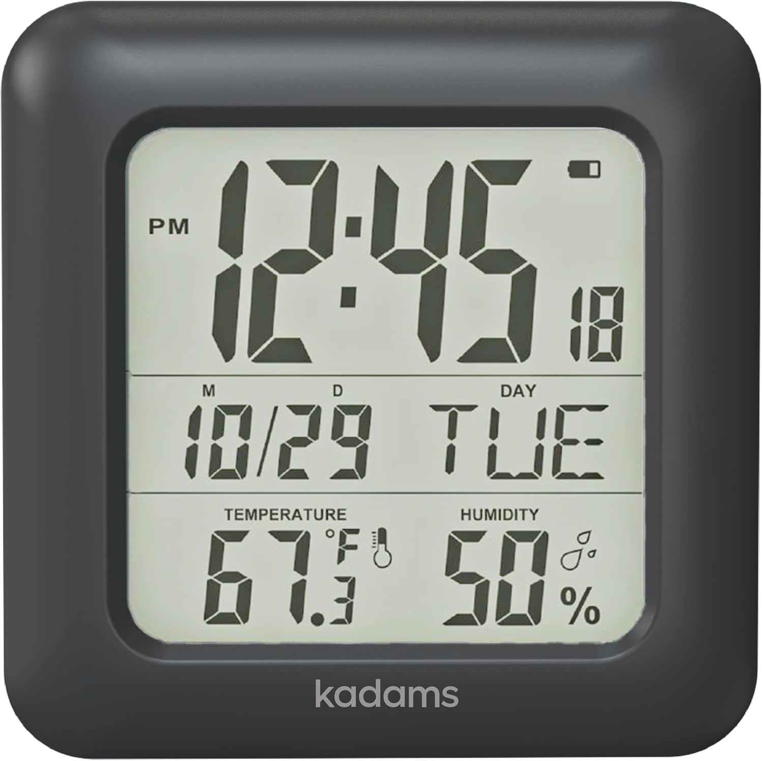 KADAMS Bathroom Clock 9.5" Kitchen Wall Clock with Large LCD Screen – Shower Clock with Suction Cup,Temperature, Humidity, Calendar – Water-Resistant, 4 Mounting Options, Black