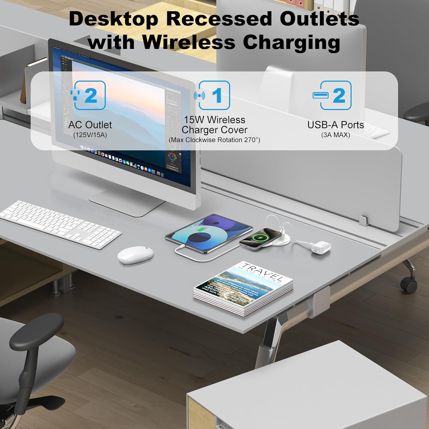 3 Inch Desk Hole Recessed Power Grommet with 15W Wireless Charger Cover, 2 USB-A Countertop Grommet Mount Power Outlet, with AC Outlets and 6ft Extension Cord