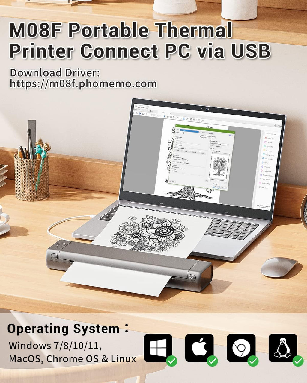 Phomemo Inkless Portable Printer for Travel - Wireless Thermal Printer Compatible with Phone & Laptop, Bluetooth Printers Supports 8.5" X 11" Letter Thermal Paper, Come with Carry Case