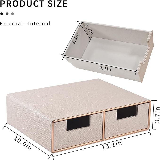 Linen Leather Desk Organizer with Drawers－Mini Desktop Drawer Organizer Stackable－Multifunctional Tabletop Organization Storage Box for Office Supplies Home Vanity Toiletries (Beige, 2-drawers)