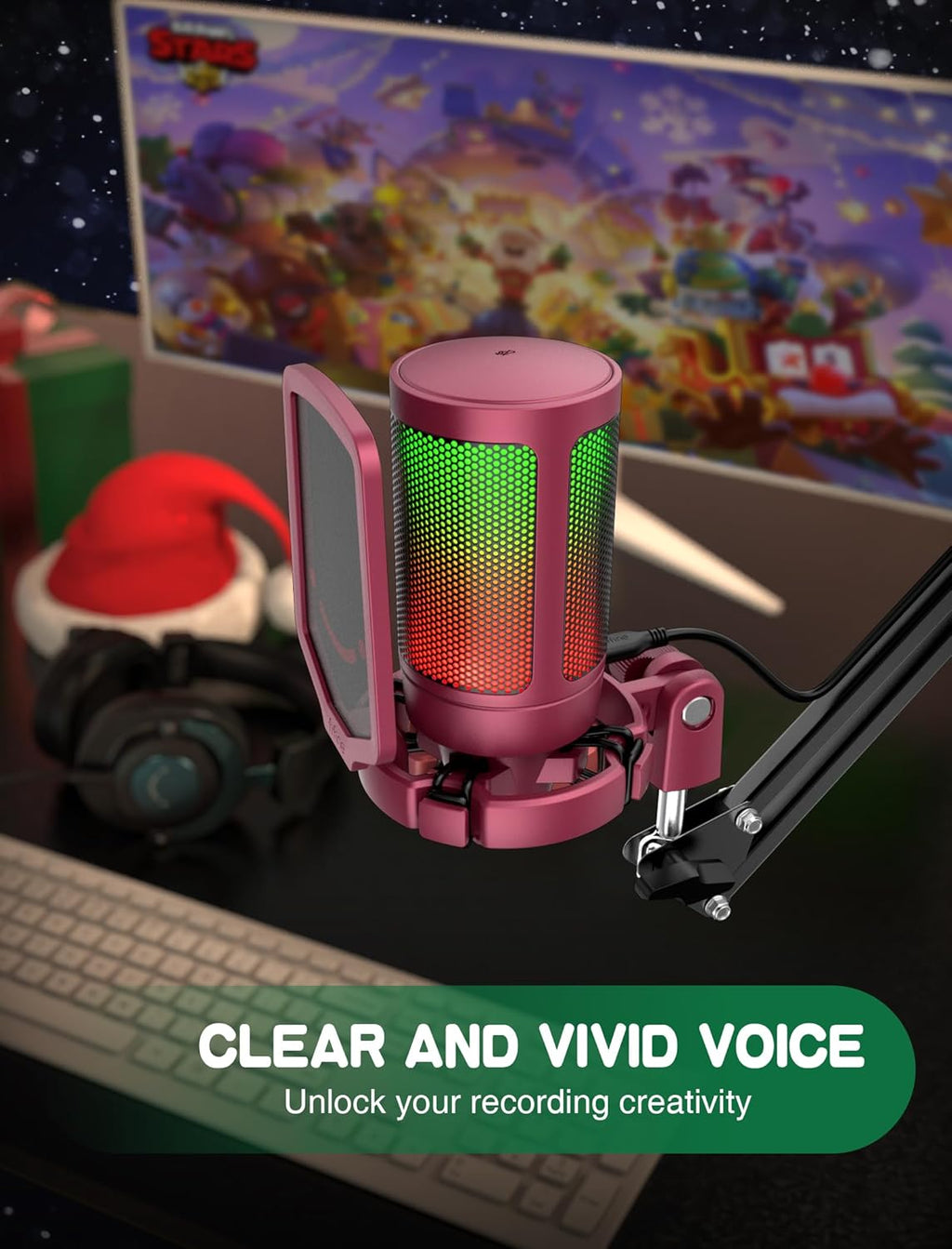 FIFINE AmpliGame PC Gaming Streaming USB Microphone, RGB Desktop Microphone for Computer/Mac/PS4/PS5, Podcast, Recording, TikTok, Game Chat, Condenser Mic with Pop Filter, Shock Mount - Red