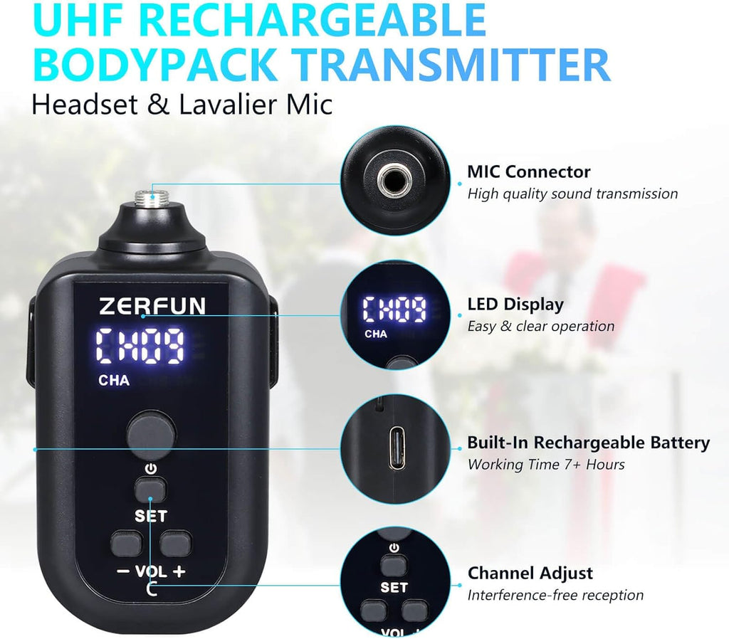 4 Channel Rechargeable Wireless Microphone System, Pro UHF Metal Headset Lavalier Lapel Cordless Mics Handheld for Karaoke Singing Church with VOL Control, 4x50 Adjustable Frequency(G8)