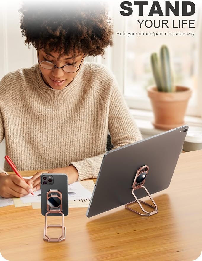 A-LuGei 𝗙𝗼𝗹𝗱𝗮𝗯𝗹𝗲 & 𝗔𝗱𝗷𝘂𝘀𝘁𝗮𝗯𝗹𝗲 Cell Phone Ring Holder Stand, Phone Kickstand for Desk, Cell Phone Holder for Hand, Ring for Back of iPhone, Metal Phone Grip for Magnetic Car Mount