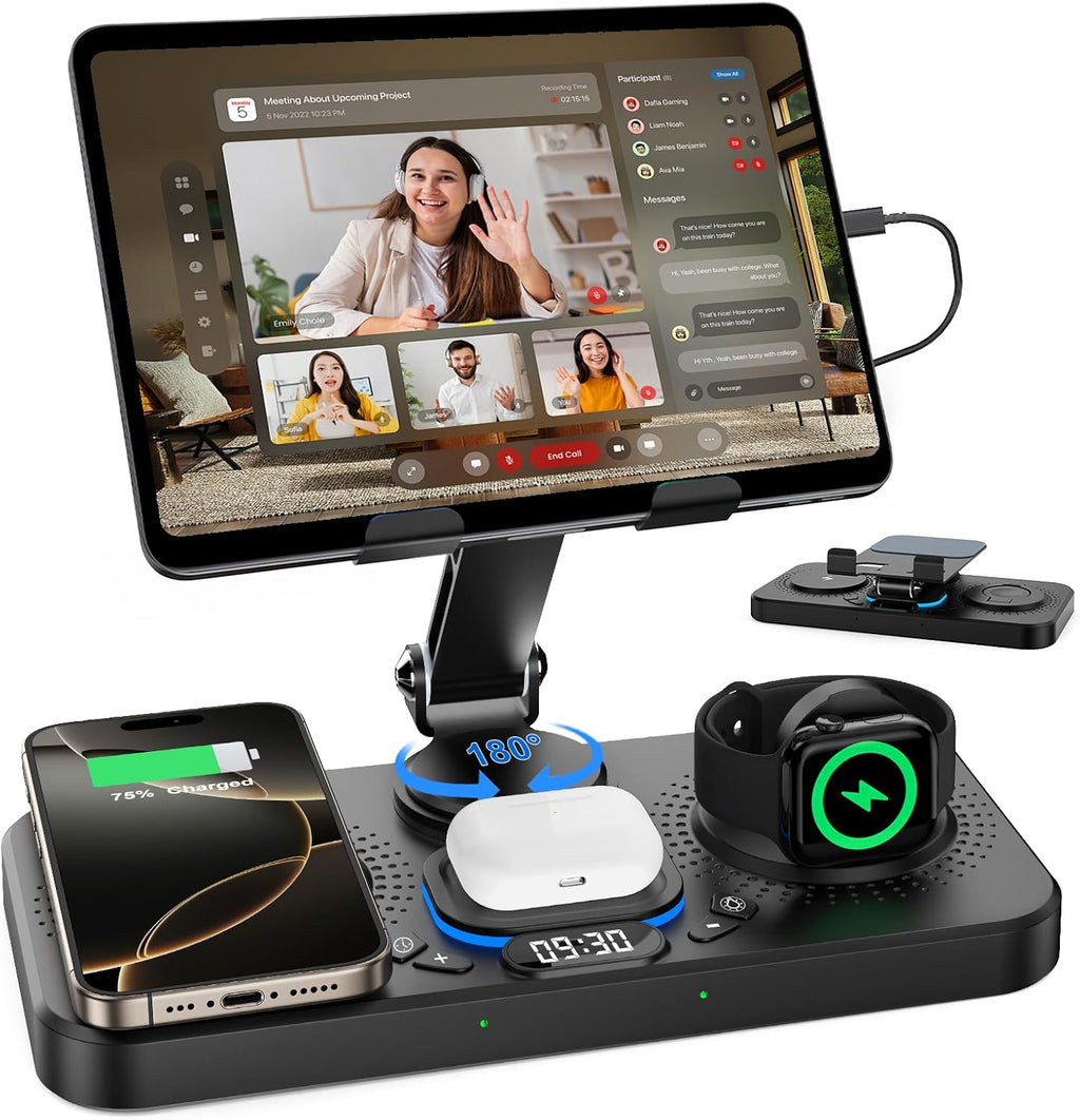 30W Charging Station for Apple Products, Foldable Wireless Charger with Clock Display&7 Color Light, Wired Charging for iPad/Tablet Charging Station for iPhone17, for Apple Watch10 for AirPods4(Black