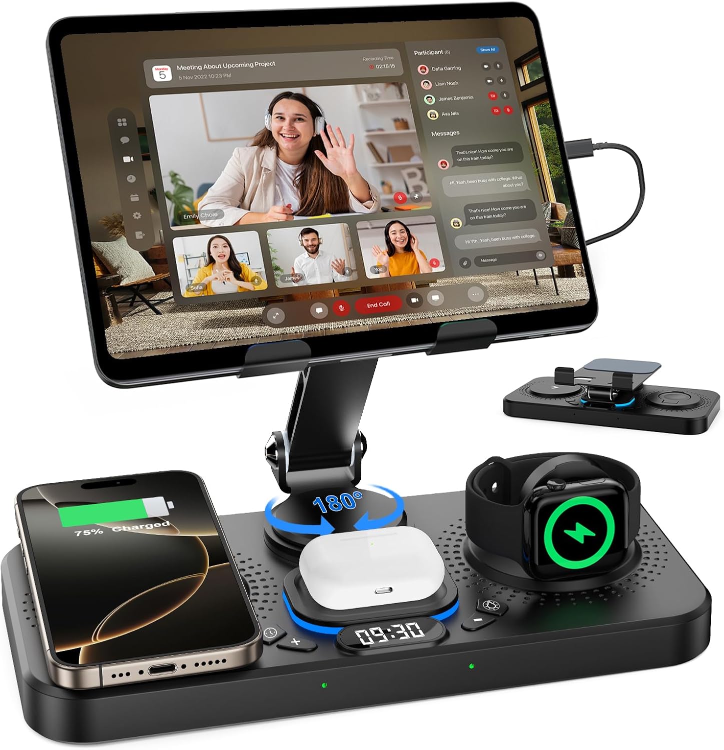 30W Charging Station for Apple Products, Foldable Wireless Charger with Clock Display&7 Color Light, Wired Charging for iPad/Tablet Charging Station for iPhone17, for Apple Watch10 for AirPods4(Black