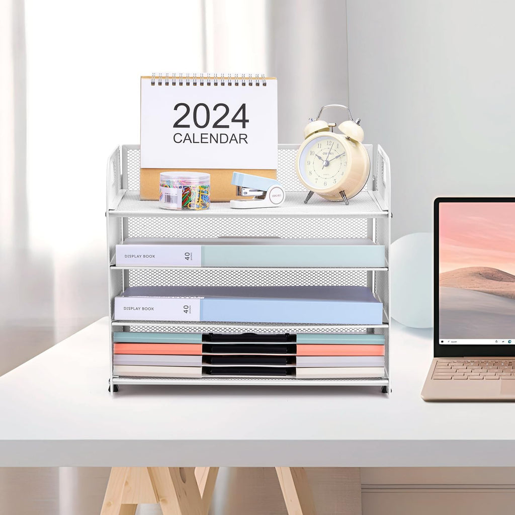 4-Tier Paper File Tray Organizer, Desk Organizer Tray with Handle, Mesh Desk File Organizer for Office Supplies Desktop Accessories - White